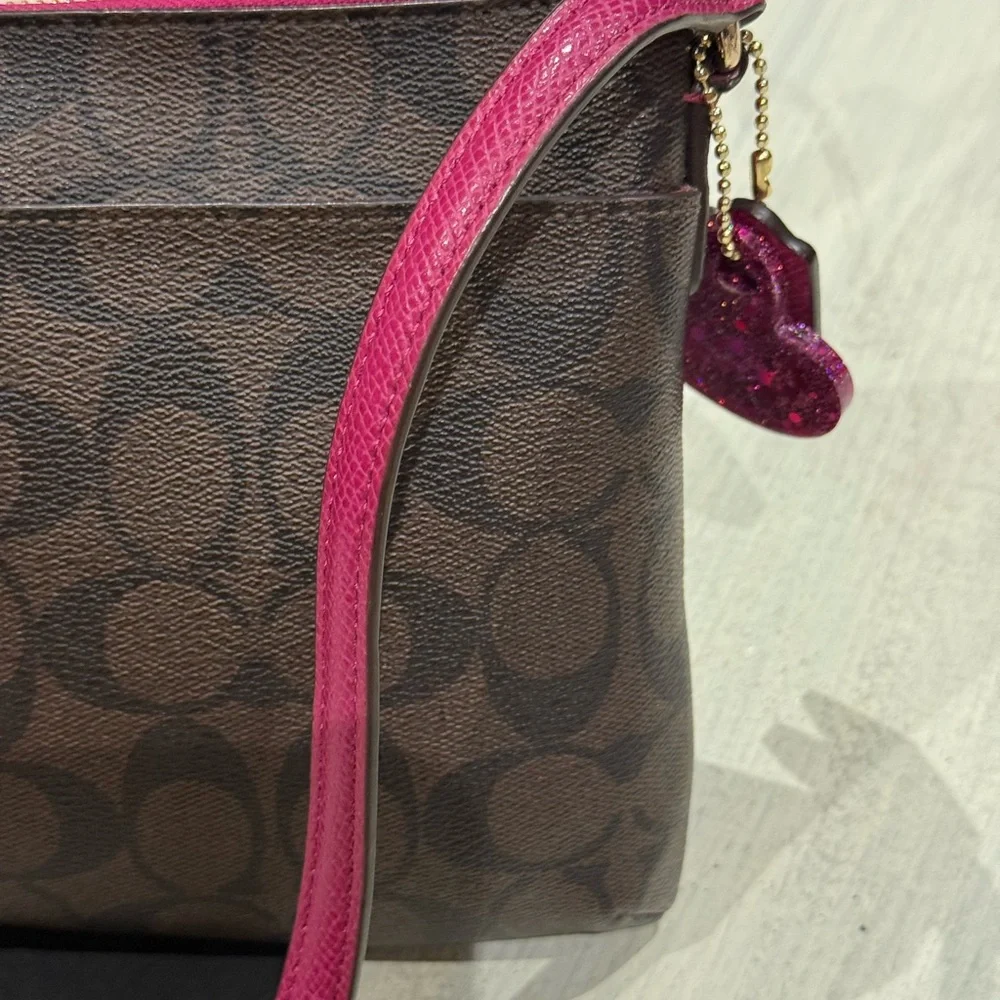 Coach Brown Signature Crossbody with Pink Trim and Strap